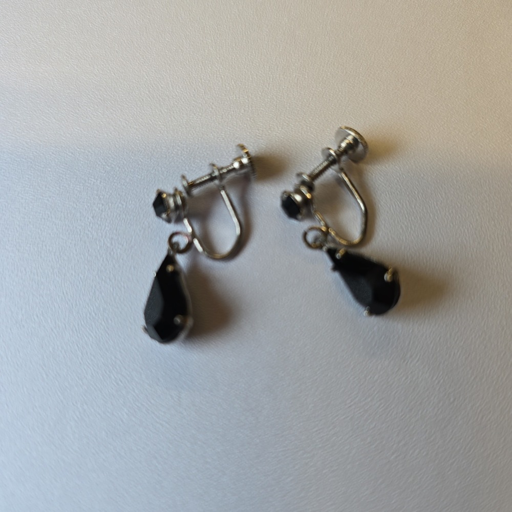 Silver‎ Tone Screw Back Teardrop Black Gemstone Dangle Earrings Women